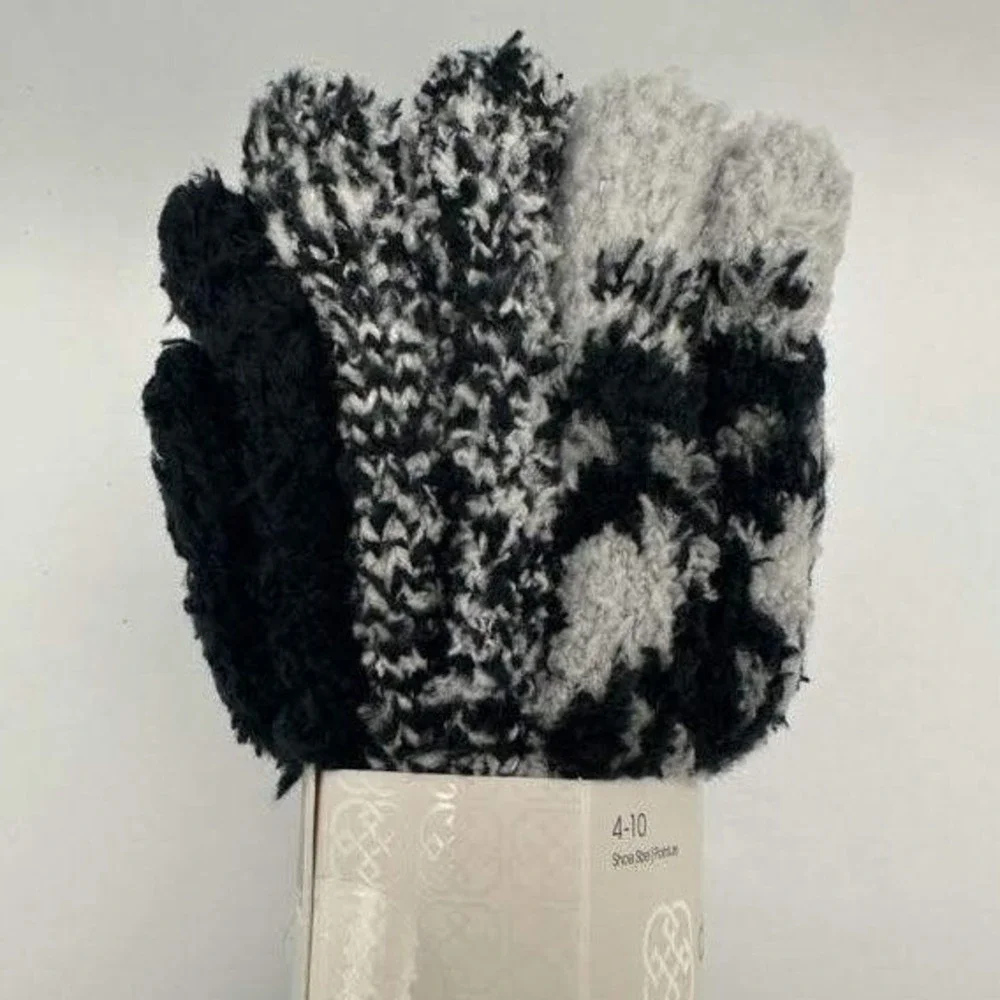 Daisy Fuentes 3 Pair Pack Cozy Crew Socks Gray Black Leopard Animal Print 4-10